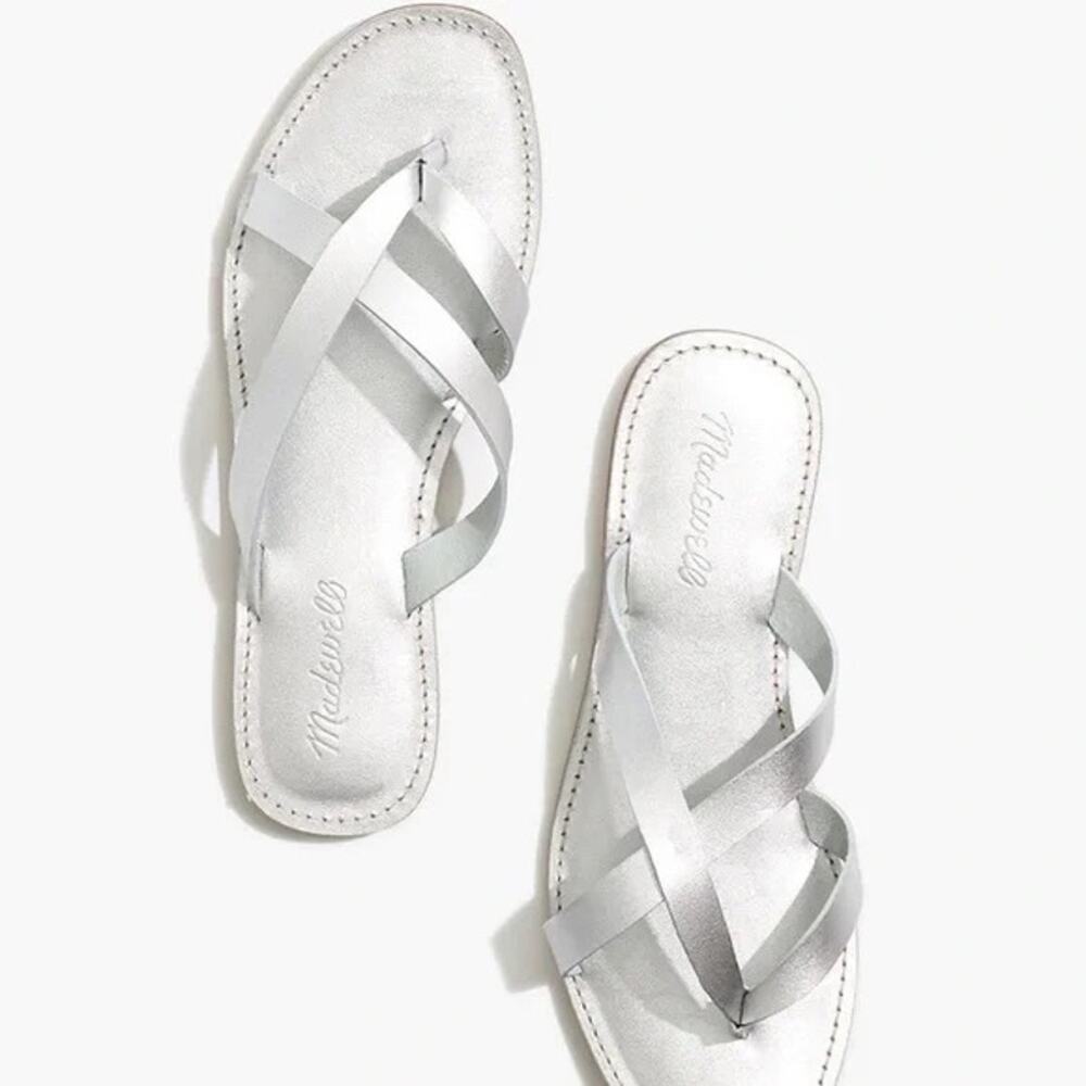 Madewell Boardwalk Thong Sandal Metallic Silver Leather Minimalist Casual W's 7